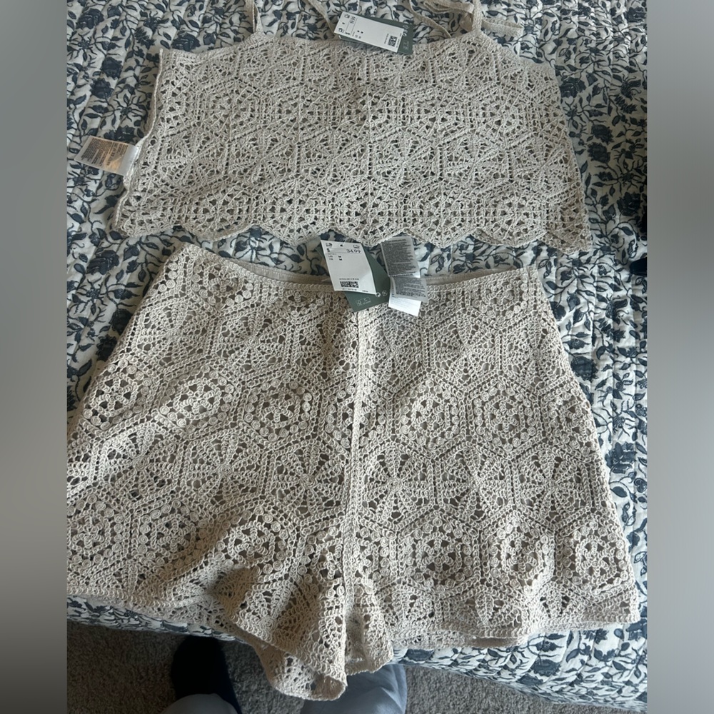 Crochet Tank Top and Shorts Set in Cream